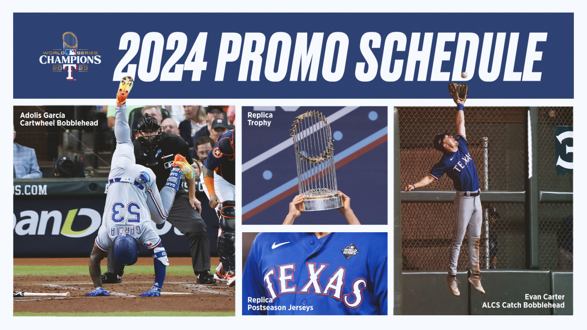 The 2024 Texas Rangers promotional schedule includes 25 giveaways, including eight bobbleheads, a replica World Series trophy, replica World Series rings, and replica postseason jerseys.
